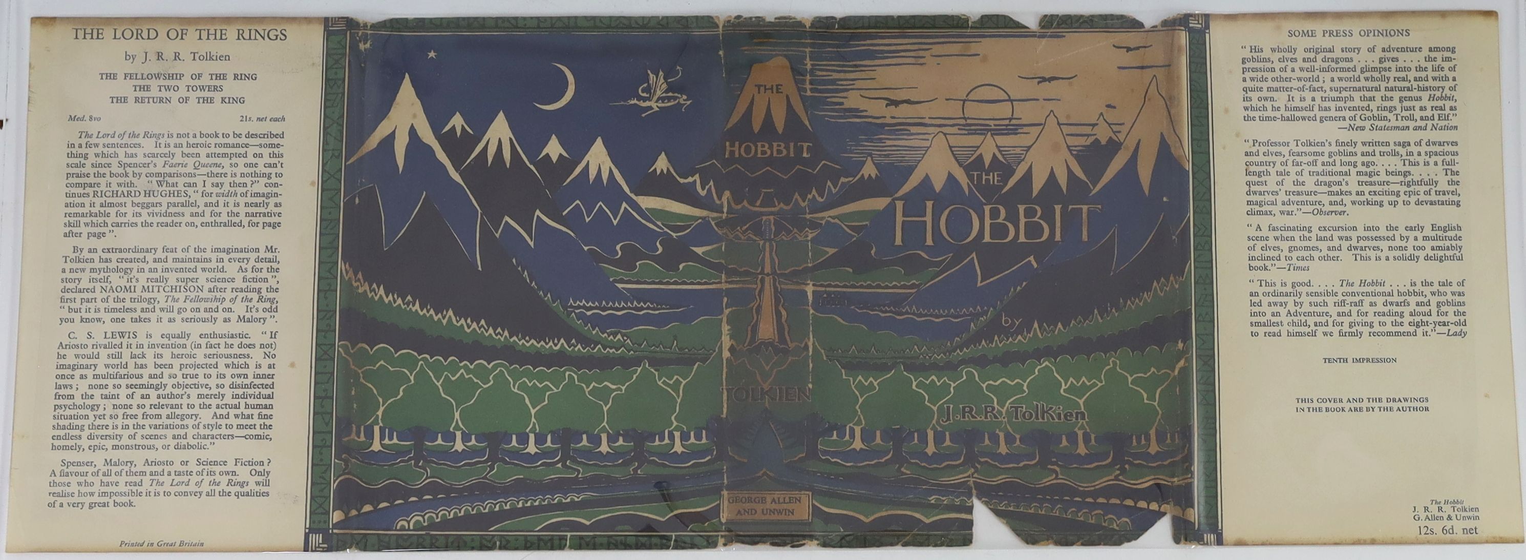 Tolkien, John Ronald Reuel - The Hobbit, 2nd edition, 10th impression, with colour frontispiece, map endpapers, original green cloth in unclipped d/j, with small loss to lower front panel and top edge, George Allen and U